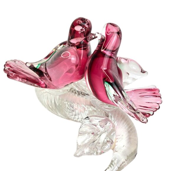 Murano Somerso Oball Art Glass Birds On Branch Clear W/red/green Interior Signed - Picture 6 of 14